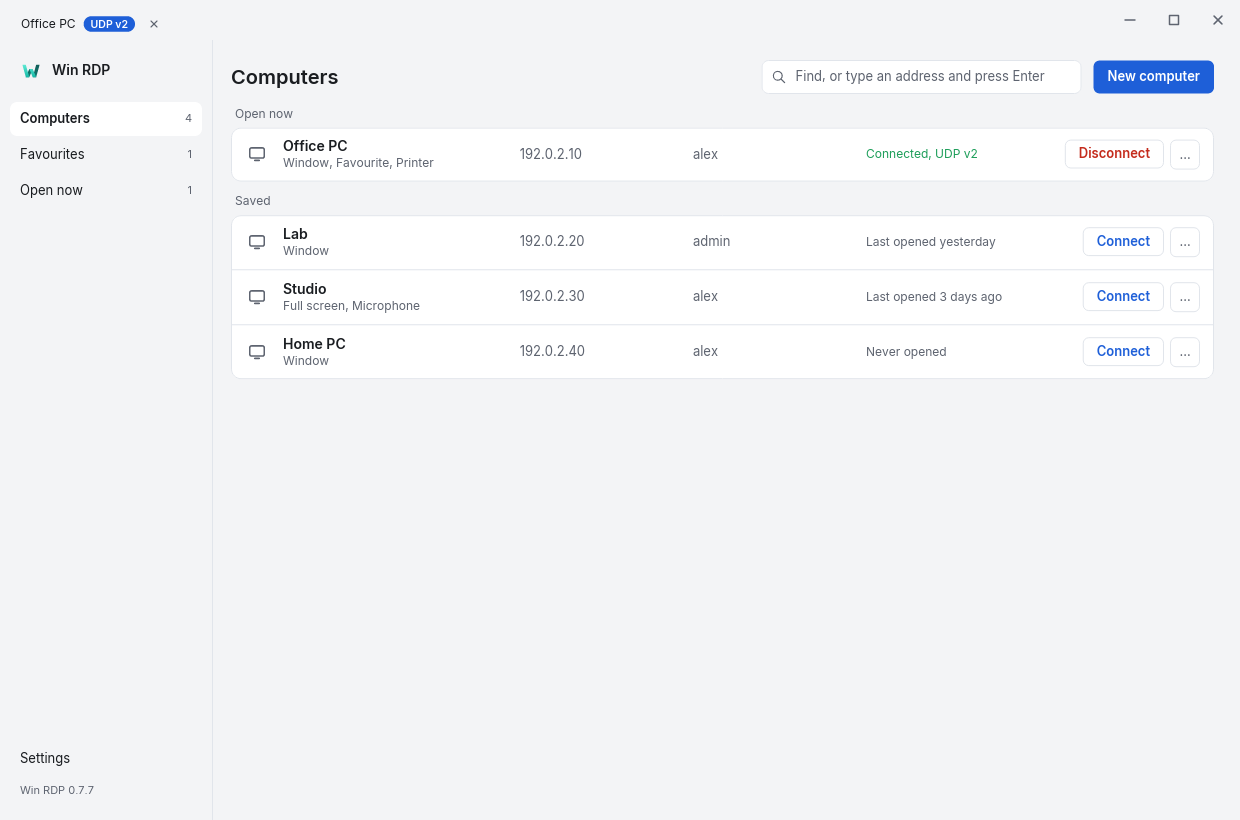 The full launcher layout with a sidebar, search box, and a list of saved computers with Connect buttons